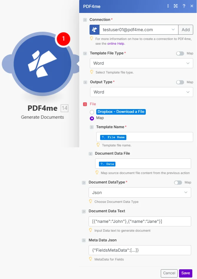 Klik untuk memperbesar Buat modul PDF4me Generate Documents menampilkan Koneksi yang diatur ke testuser01@pdf4me.com, dropdown Tipe File Template diatur ke Word, dropdown Tipe Output diatur ke Word, File diatur ke Map dengan Nama Template yang dipetakan dari 7. Nama File dan File Data Dokumen yang dipetakan dari 7. Data, Tipe Data Dokumen diatur ke Json, Data Dokumen Teks dengan contoh array JSON, dan bidang Meta Data Json.
